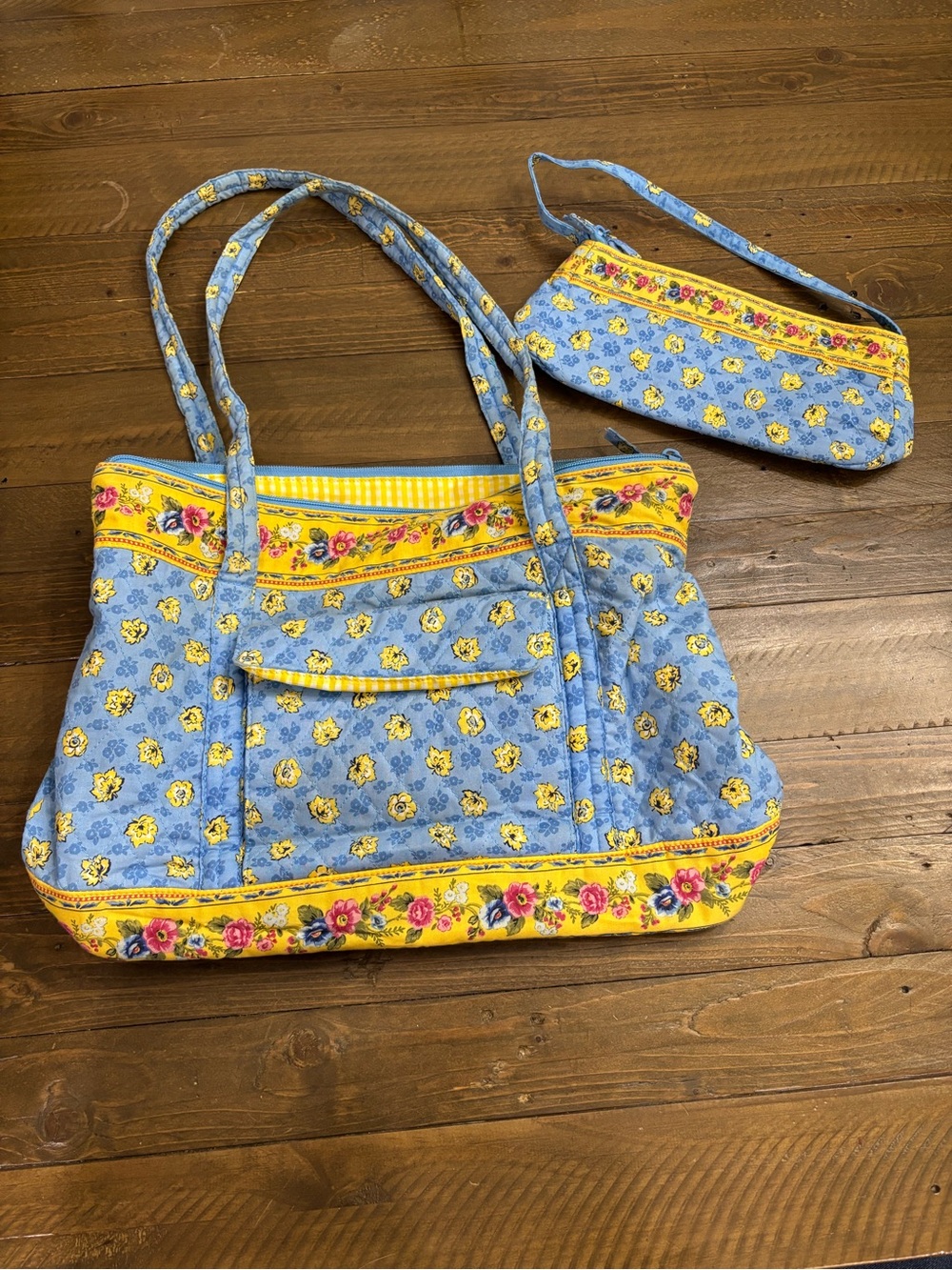 Blue and Yellow Floral Tote Bag with Matching Pouch